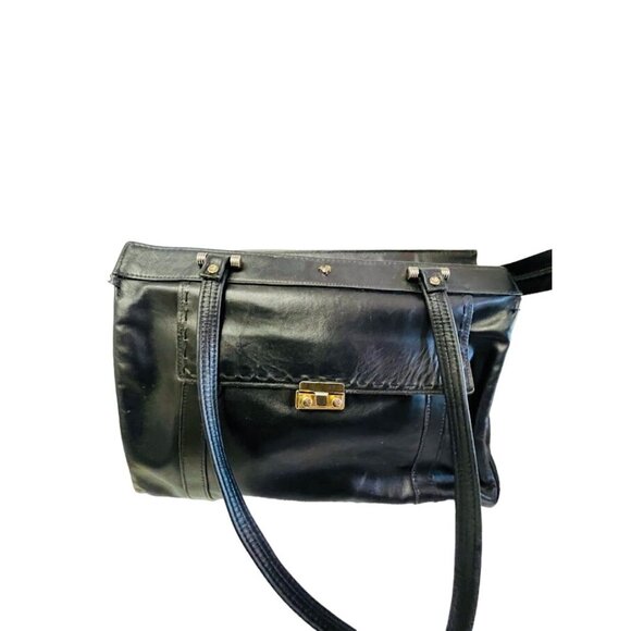 Vintage Shoulder Bag Black Leather Double Handle Strap 13" x 10" x 3 1/2" - Picture 7 of 16